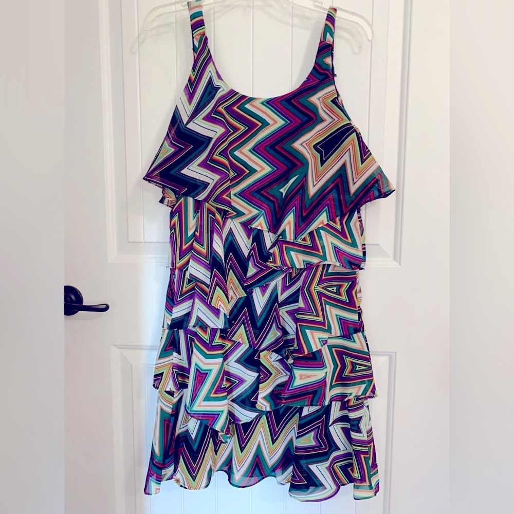 Artsy crazy Zig zag Dress Geo Tiered  8P Abstract purple green lightning bolt